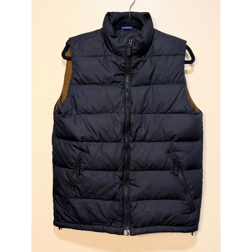 Lands' End Puffer Vest Size S 34-36 Goose Down Quilted Navy Blue Brown Full Zip